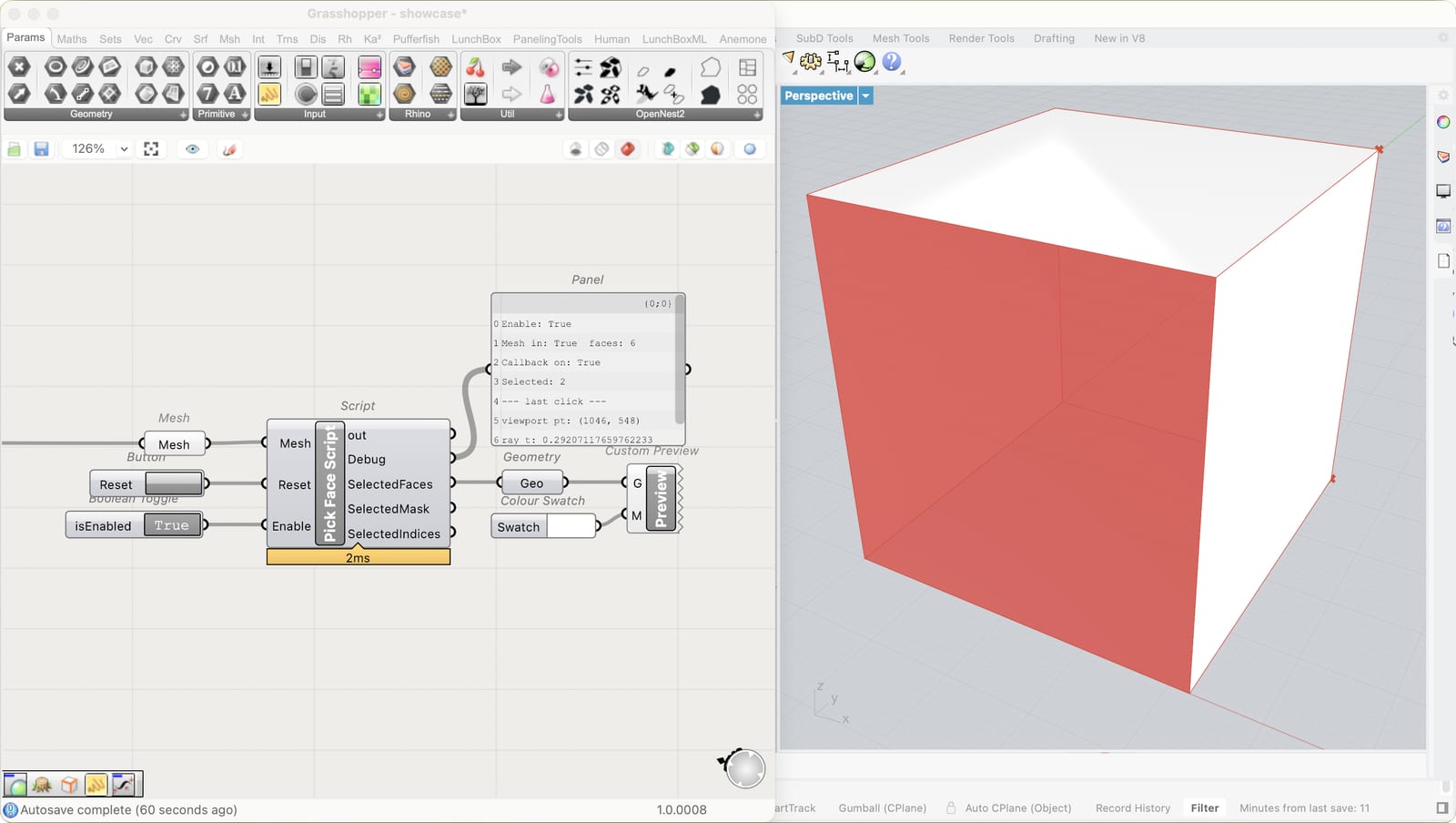 A shaded Grasshopper mesh in the Rhino viewport with several faces highlighted as a selection.